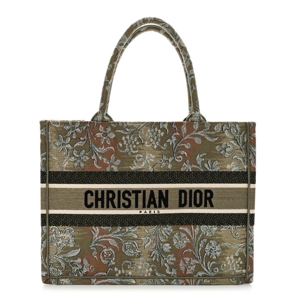 Front view of the metallic green D!0r Medium Book Tote with embroidered Dior PARIS signature