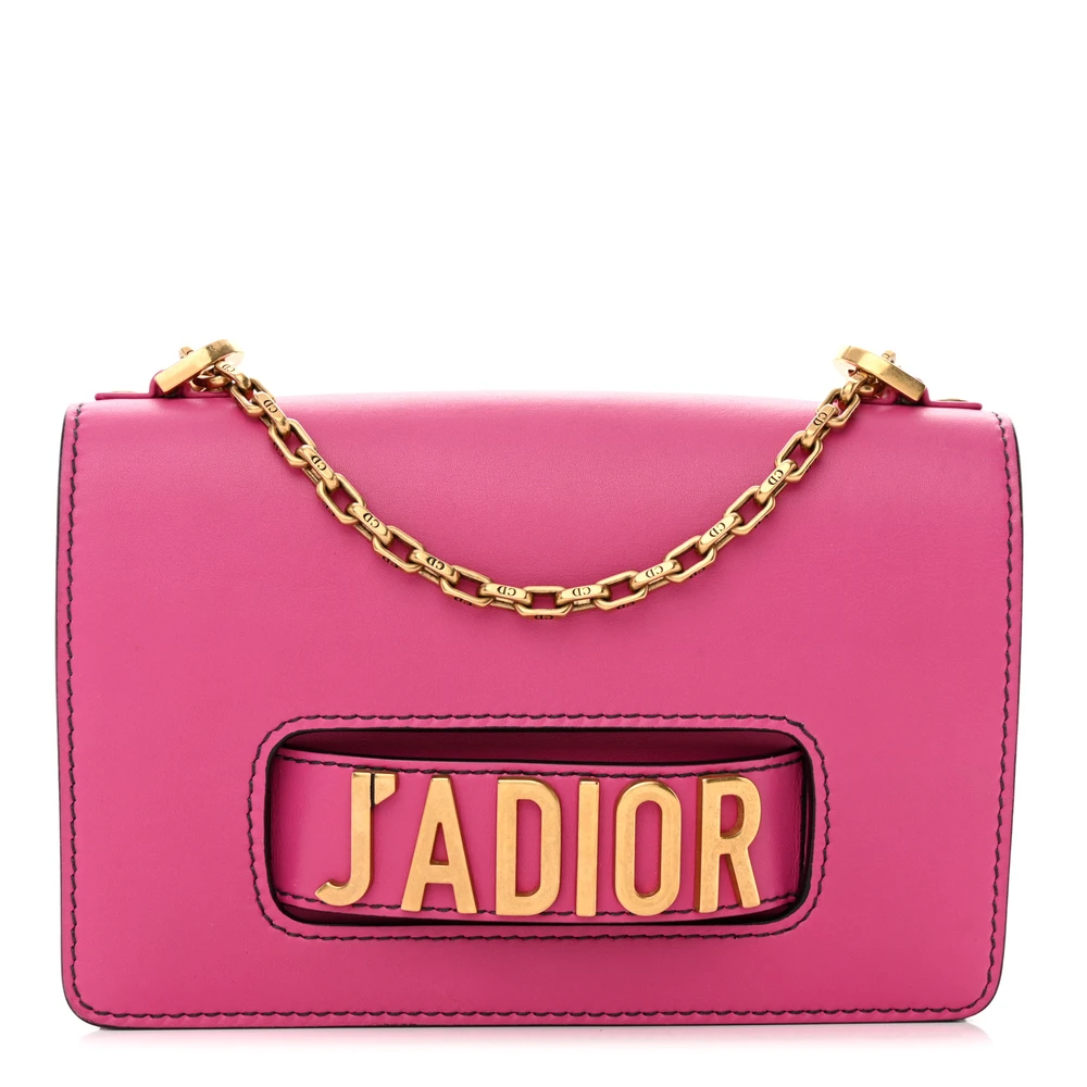 Front view of the fuchsia D!0r J’Adior Chain Flap Bag with signature logo on the flap
