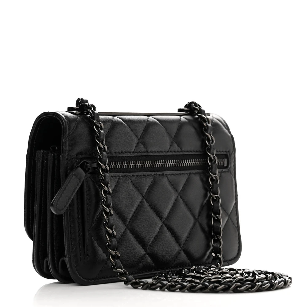 Back view of the black quilted Ch@nel Mini Wallet on Chain with Black-tone hardware