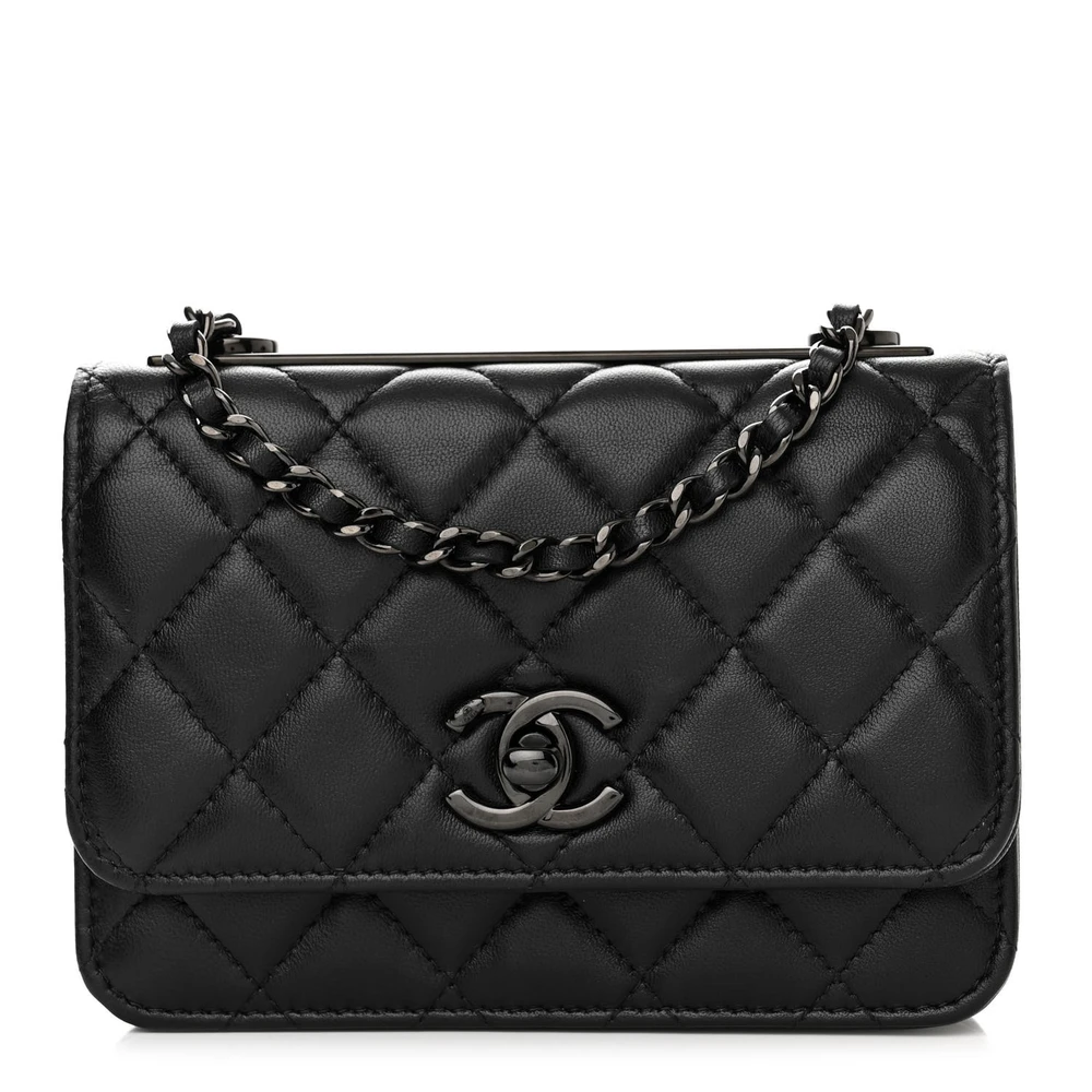 Front view of the black quilted Ch@nel Mini Wallet on Chain with Black-tone hardware