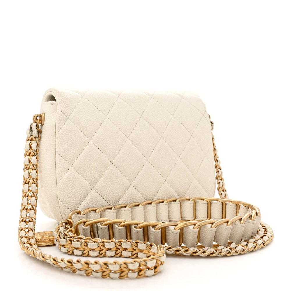 Back view of the white Ch@nel Mini Chain Soul Flap bag with gold-tone hardware