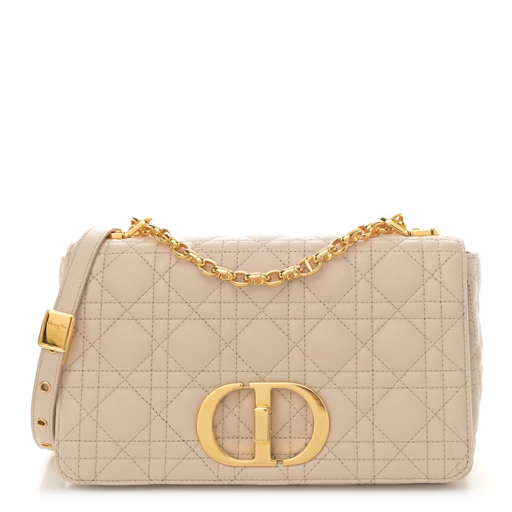 Front view of the beige D!0r Caro shoulder bag with Cannage stitching