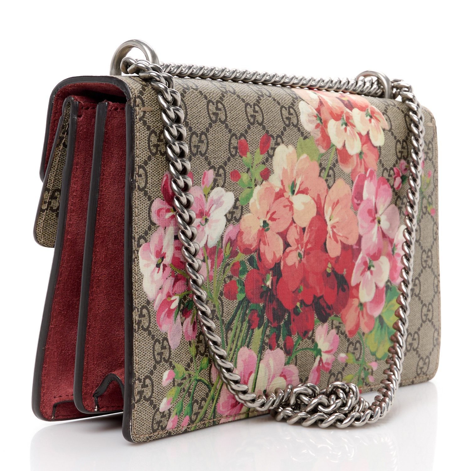 Back view of the Mirror quality Gucc! Dionysus Blooms Small Shoulder Bag with pink floral print and tiger horseshoe closure