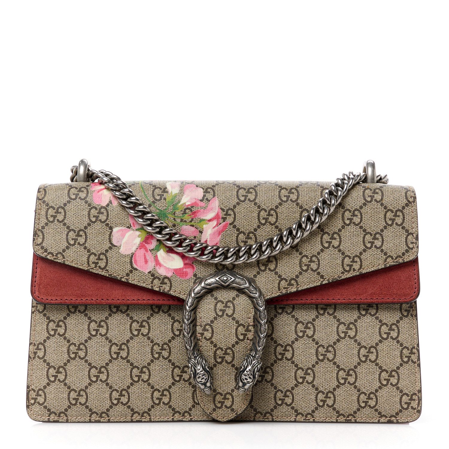 Front view of the Mirror quality Gucc! Dionysus Blooms Small Shoulder Bag with pink floral print and tiger horseshoe closure