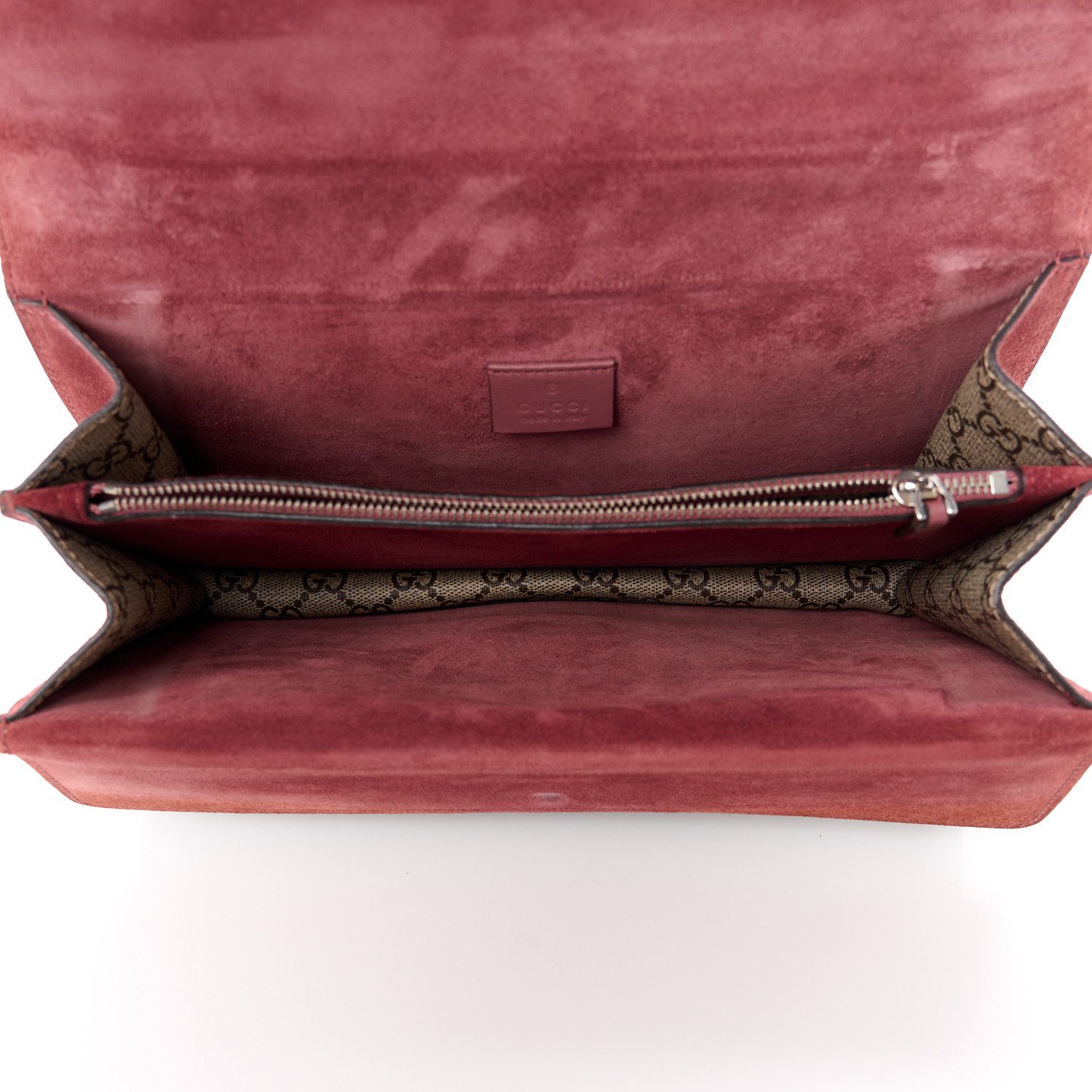 Interior of the mirror Quality Gucc! Dionysus Blooms Small Shoulder Bag with pink suede lining, flap pocket, and central zip compartment