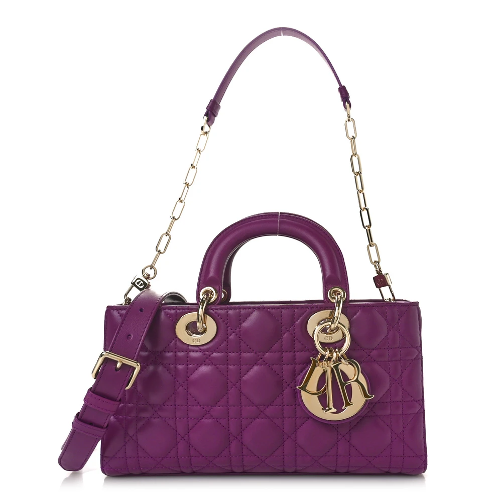 Front view of the purple D!0r medium Lady D-Joy bag with Cannage quilting