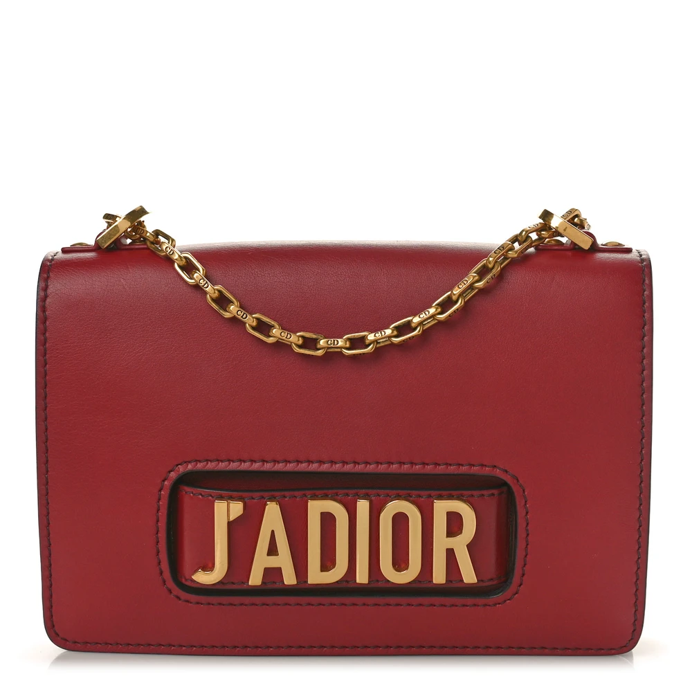 Front view of the red D!0r J’Adior Chain Flap Bag with gold-tone J’ADIOR signature
