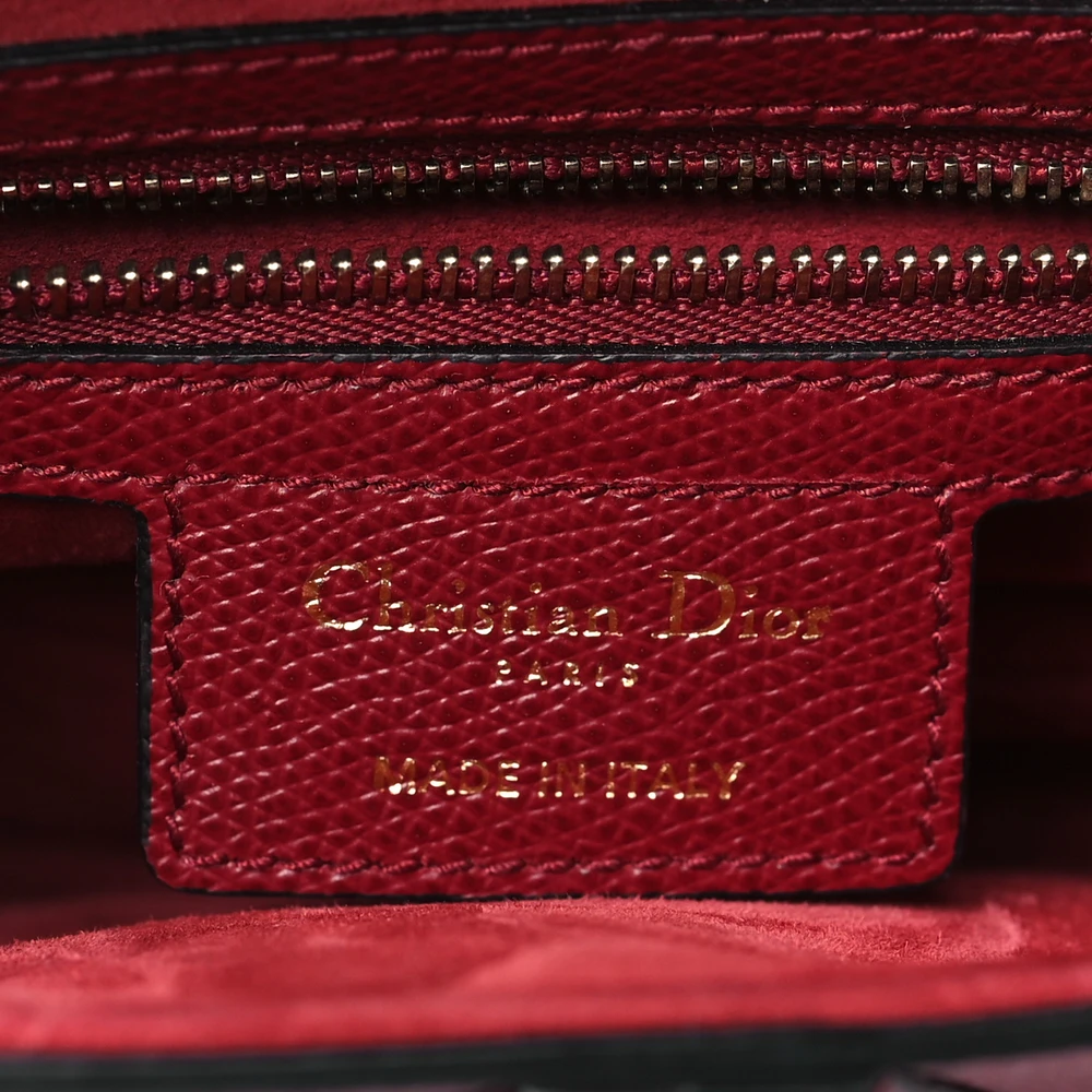 Close-up of the magnetic D stirrup clasp and brass-tone CD signature details on the red D!0r Saddle Bag