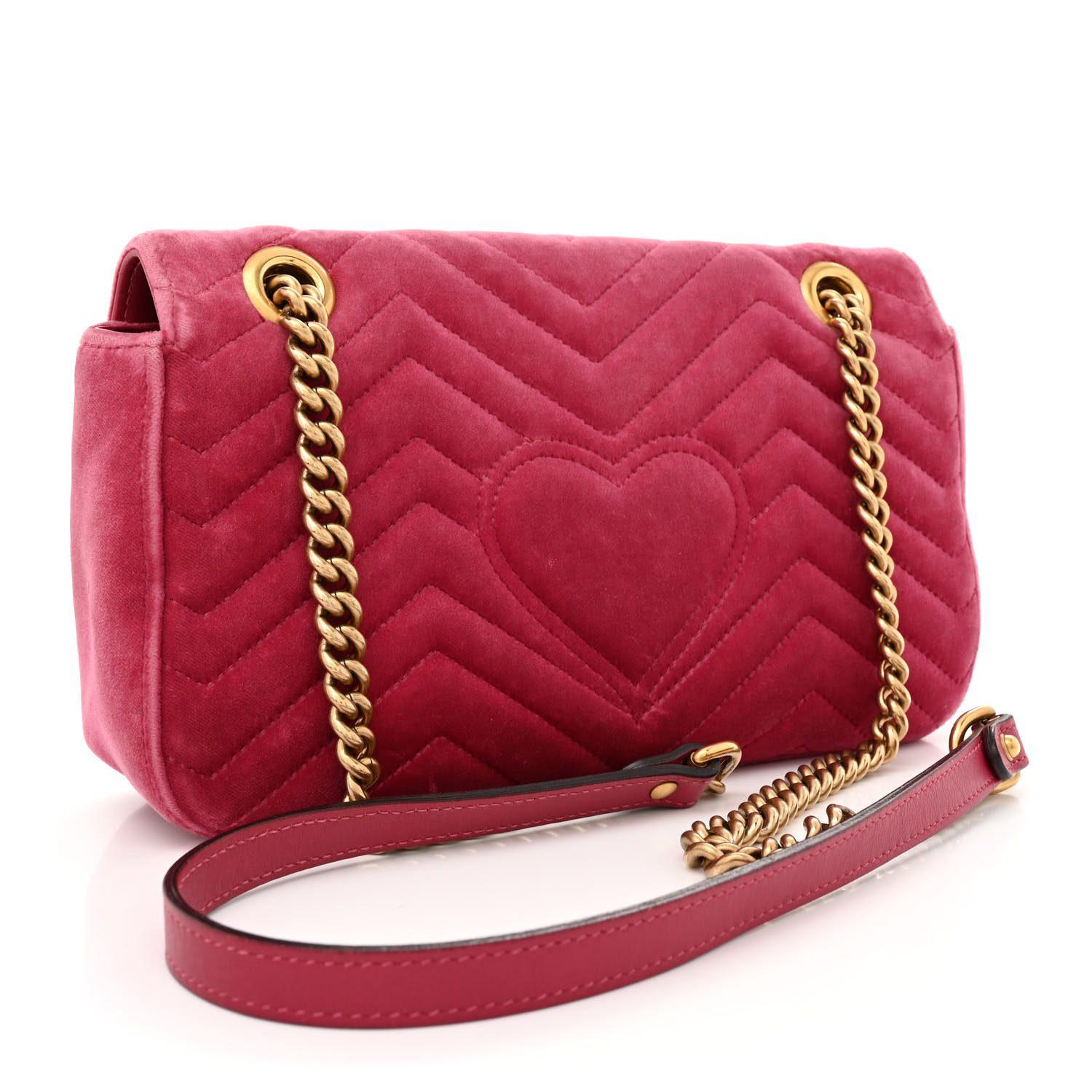 Back view of Mirror quality pink Gucc! GG Marmont shoulder bag with quilted velvet exterior and aged gold-tone GG logo