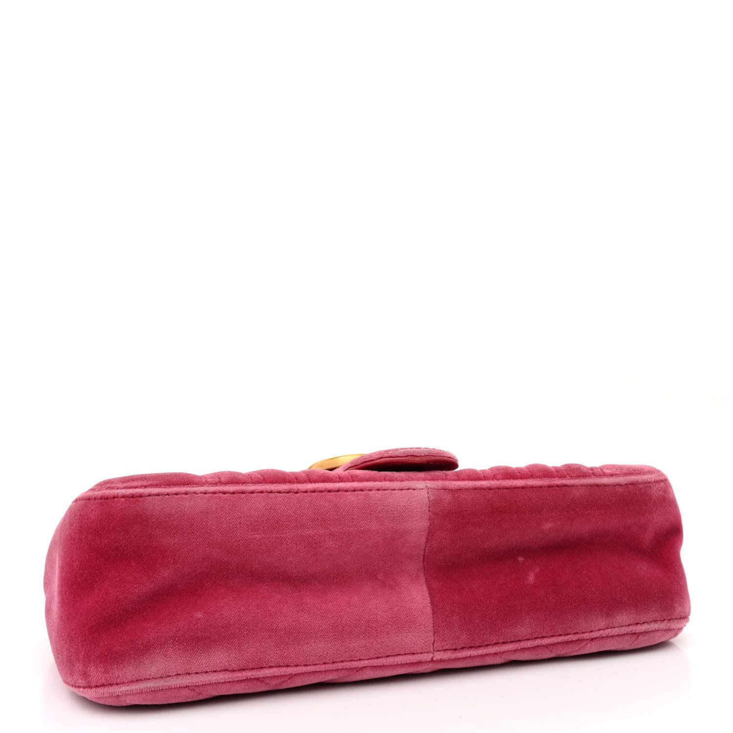 Bottom view of Mirror quality pink Gucc! GG Marmont shoulder bag with quilted velvet exterior and aged gold-tone GG logo