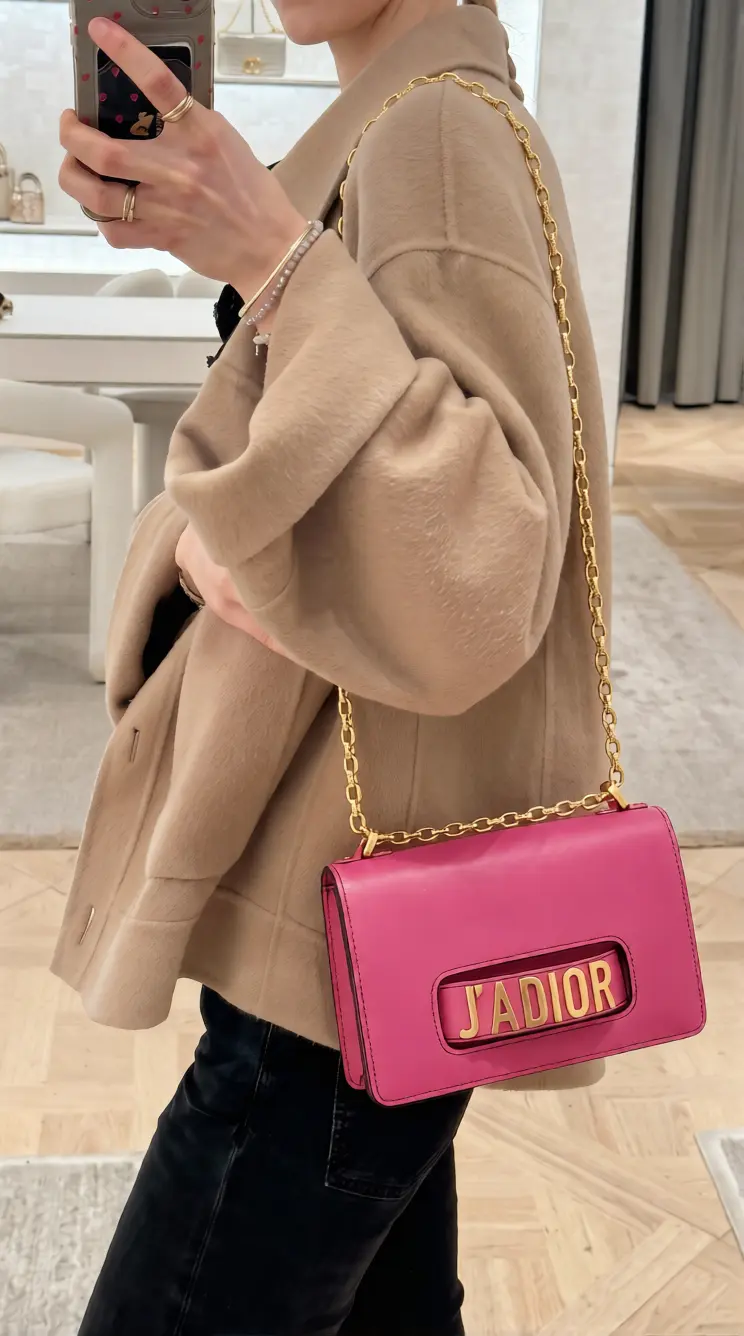 Model wearing the fuchsia D!0r J’Adior Chain Flap Bag crossbody