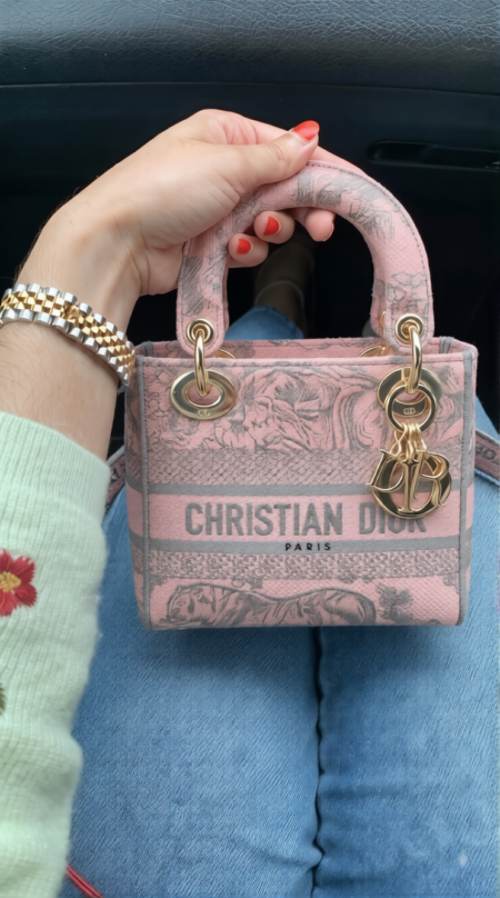 Model carrying the grey and pink D!0r Mini Lady D-Lite Bag with embroidered shoulder strap