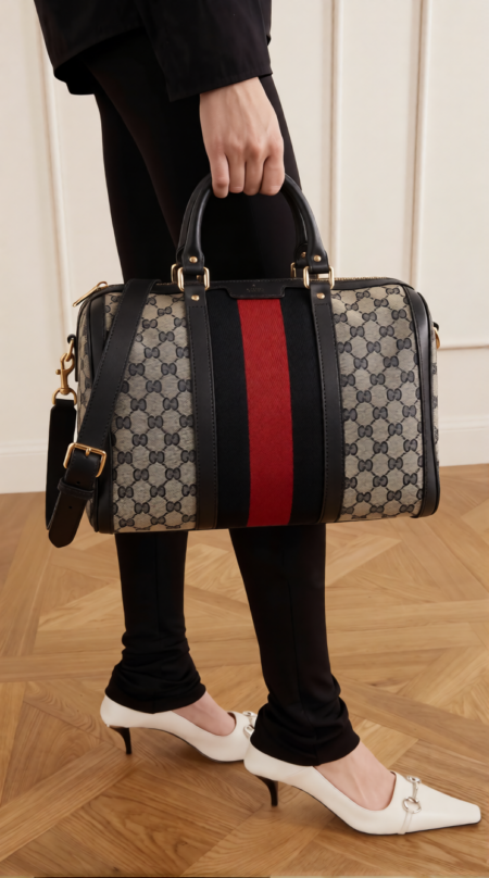 Model carrying the beige and blue Gucc! Selleria Medium Boston Bag by its navy leather top handles