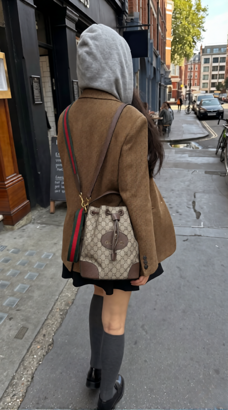 Model wearing the beige Gucc! Neo Vintage Drawstring Bucket Backpack with adjustable straps