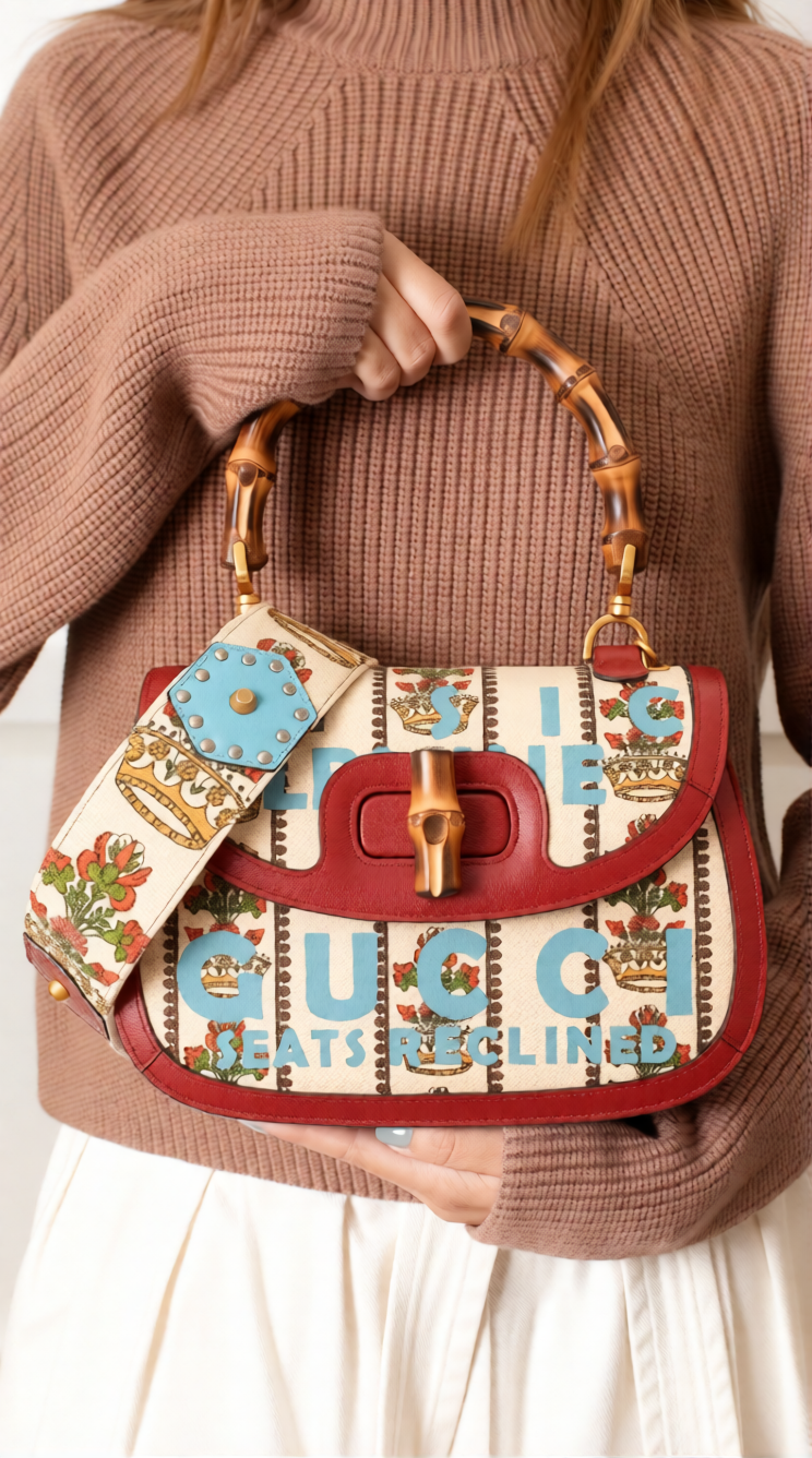 Model carrying the Gucci! Bamboo Medium 1947 Top Handle Bag with optional shoulder strap