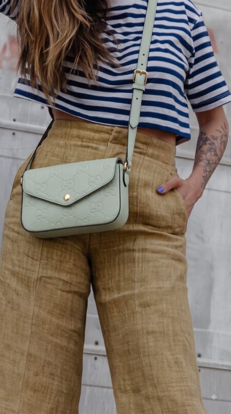 Model wearing the Mirror quality pale green Gucc! GG Super Mini Shoulder Bag with long shoulder strap