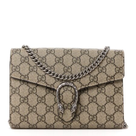 Front view of the beige and taupe Gucc! Mini Dionysus Chain Wallet with feline-head closure and monogram canvas