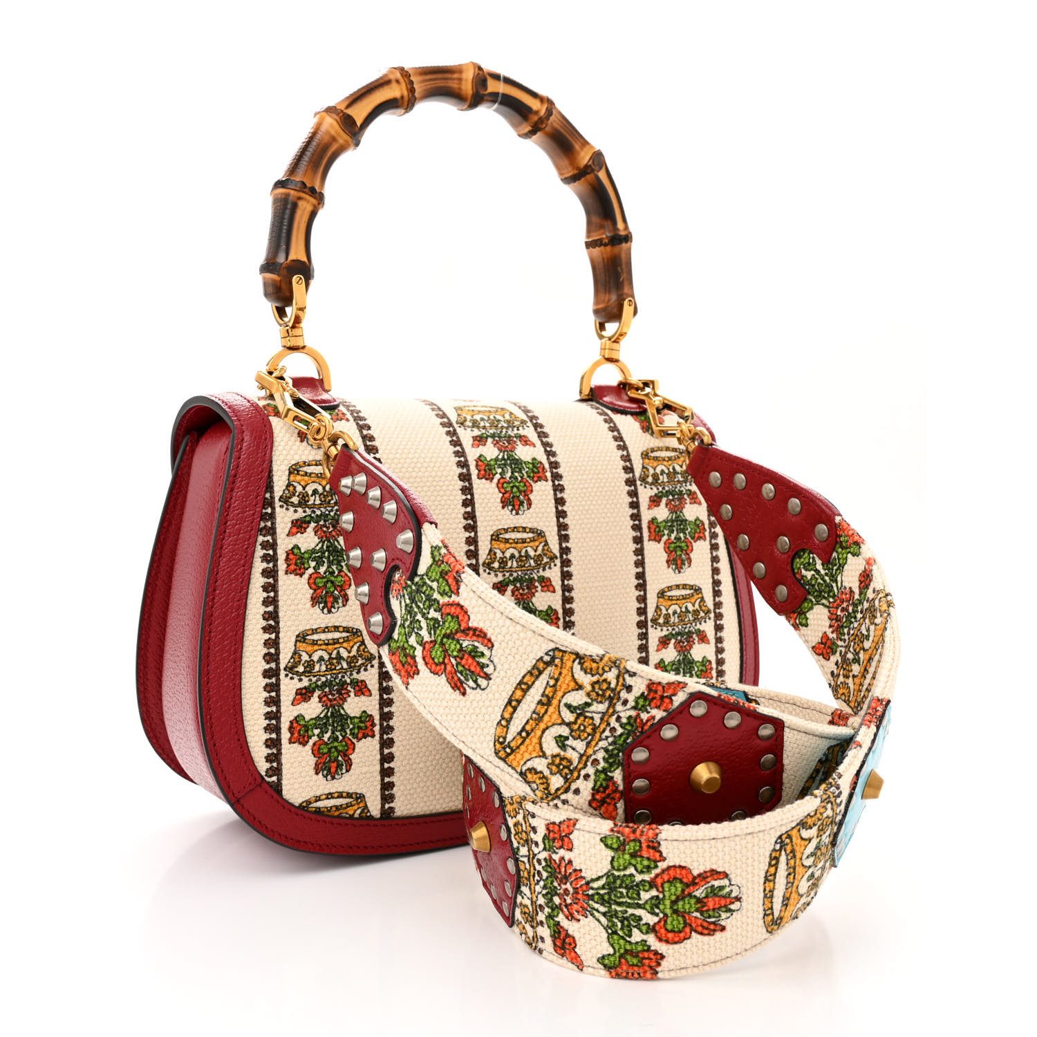 Back view of the Gucc! Bamboo Medium 1947 Top Handle Bag with bamboo turn lock and chocolate brown leather trim