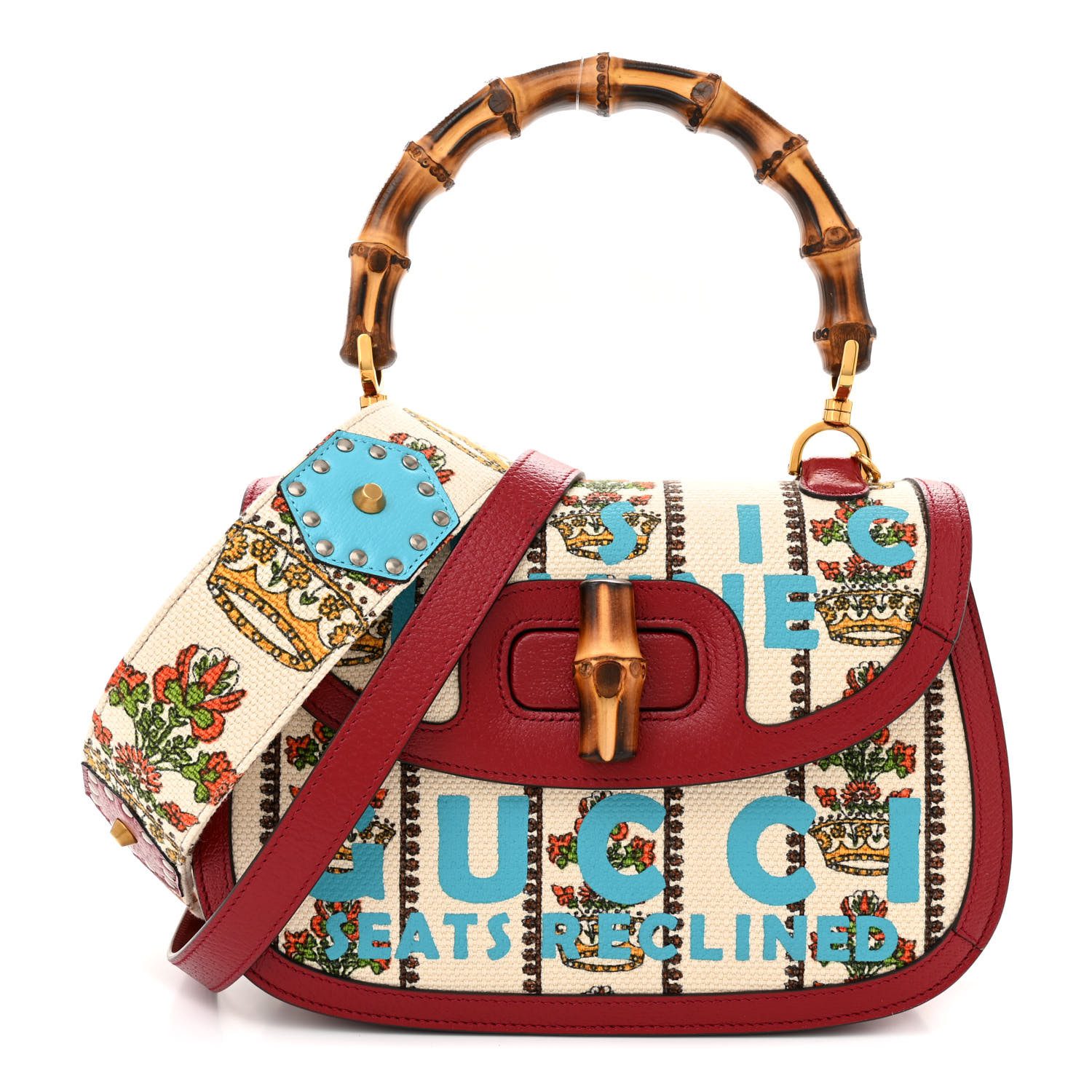Front view of the Gucc! Bamboo Medium 1947 Top Handle Bag with bamboo turn lock and chocolate brown leather trim