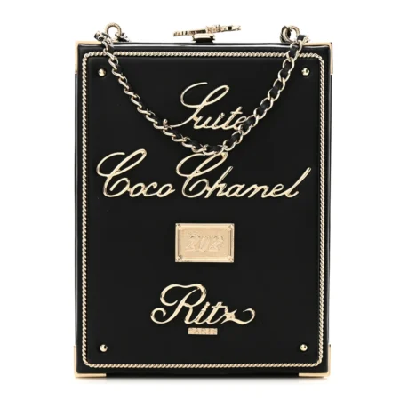 Front view of the black Ch@nel Room Card Minaudiere bag with textured kiss-lock closure