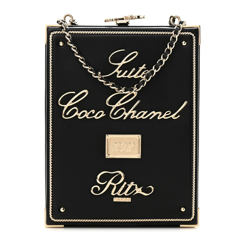 Front view of the black Ch@nel Room Card Minaudiere bag with textured kiss-lock closure