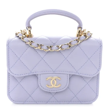 Front view of the light purple Ch@nel Top Handle Coin Purse bag with CC closure