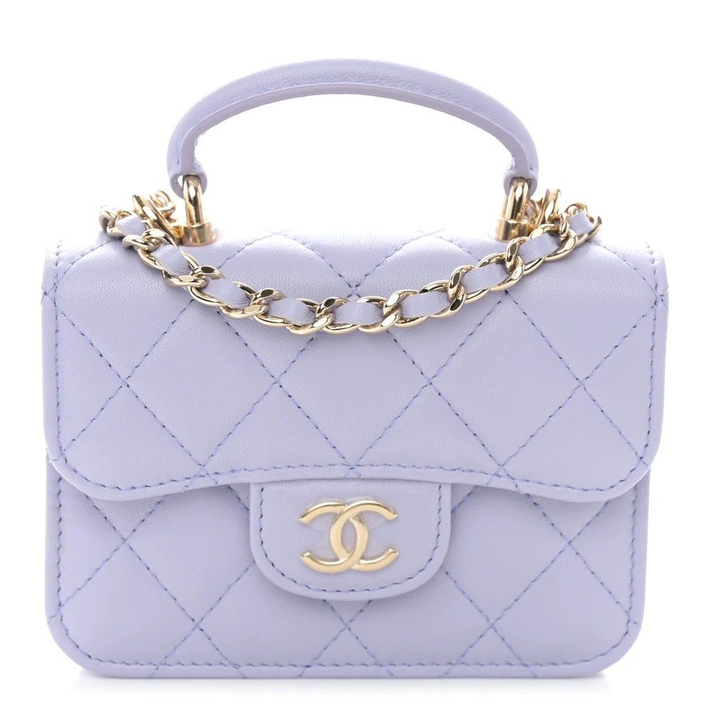 Front view of the light purple Ch@nel Top Handle Coin Purse bag with CC closure