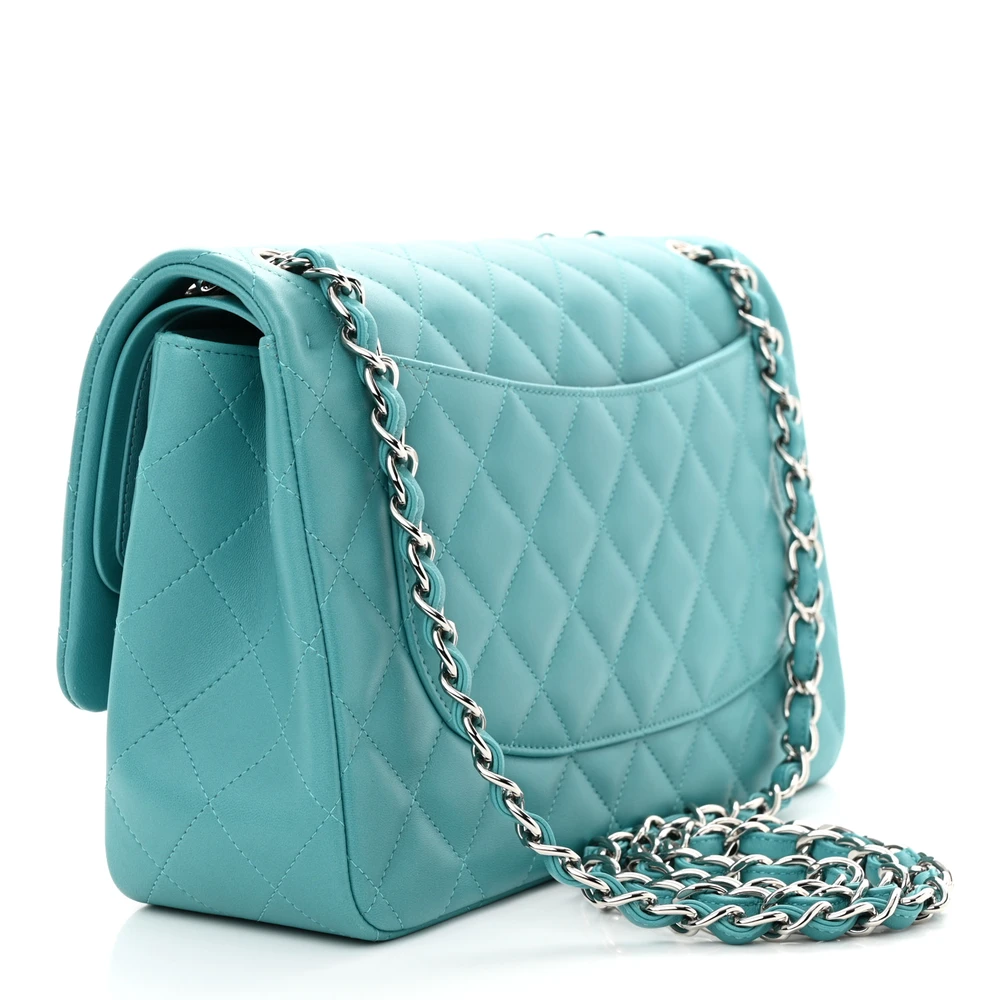 Back view of the turquoise quilted Ch@nel Jumbo Flap shoulder bag