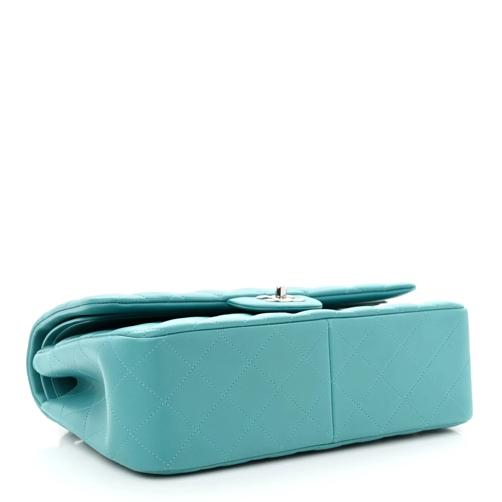 Bottom view of the turquoise quilted Ch@nel Jumbo Flap shoulder bag