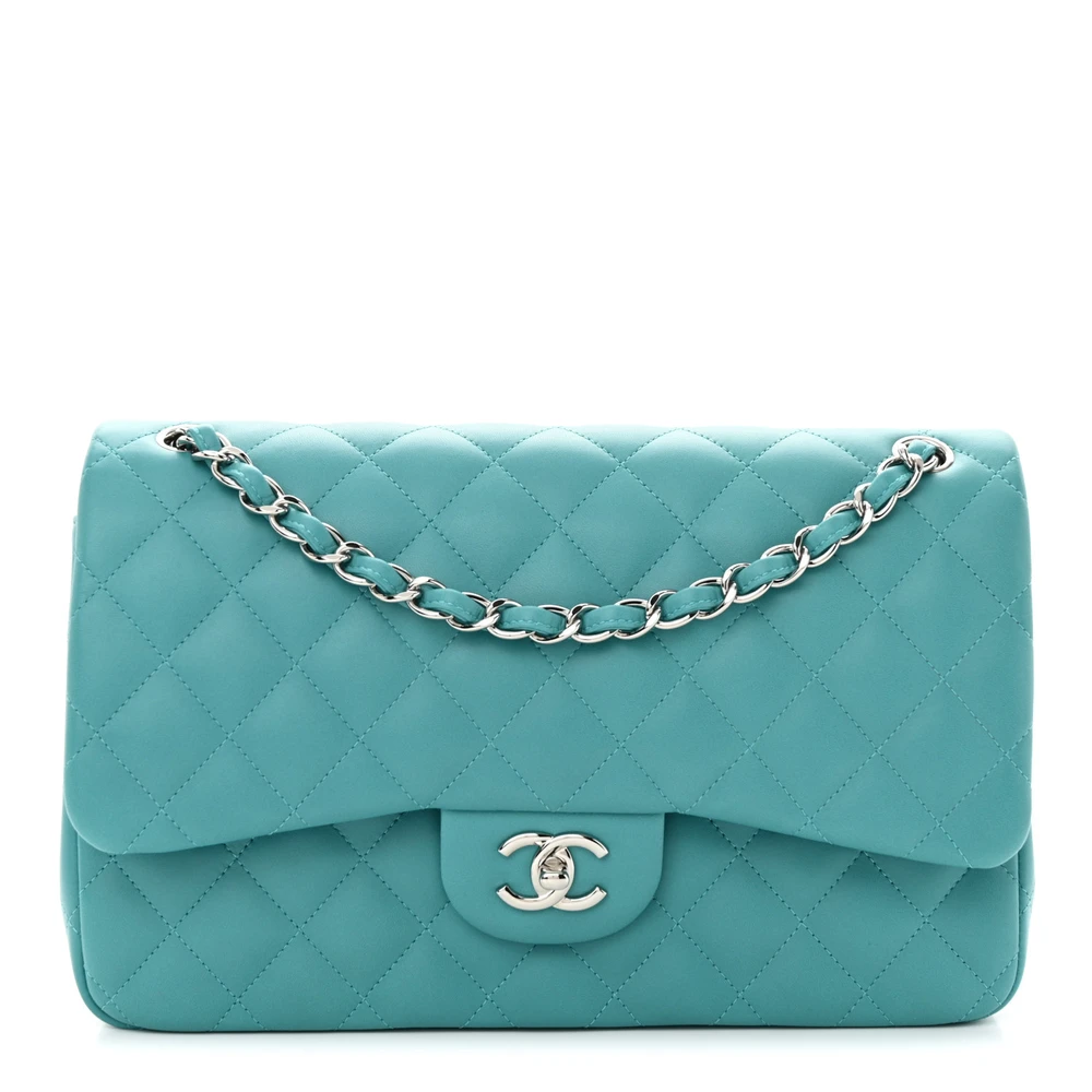 Front view of the turquoise quilted Ch@nel Jumbo Flap shoulder bag