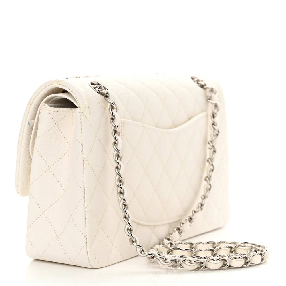 Back view of the Superfake white Ch@nel Medium Double Flap bag with quilted leather exterior
