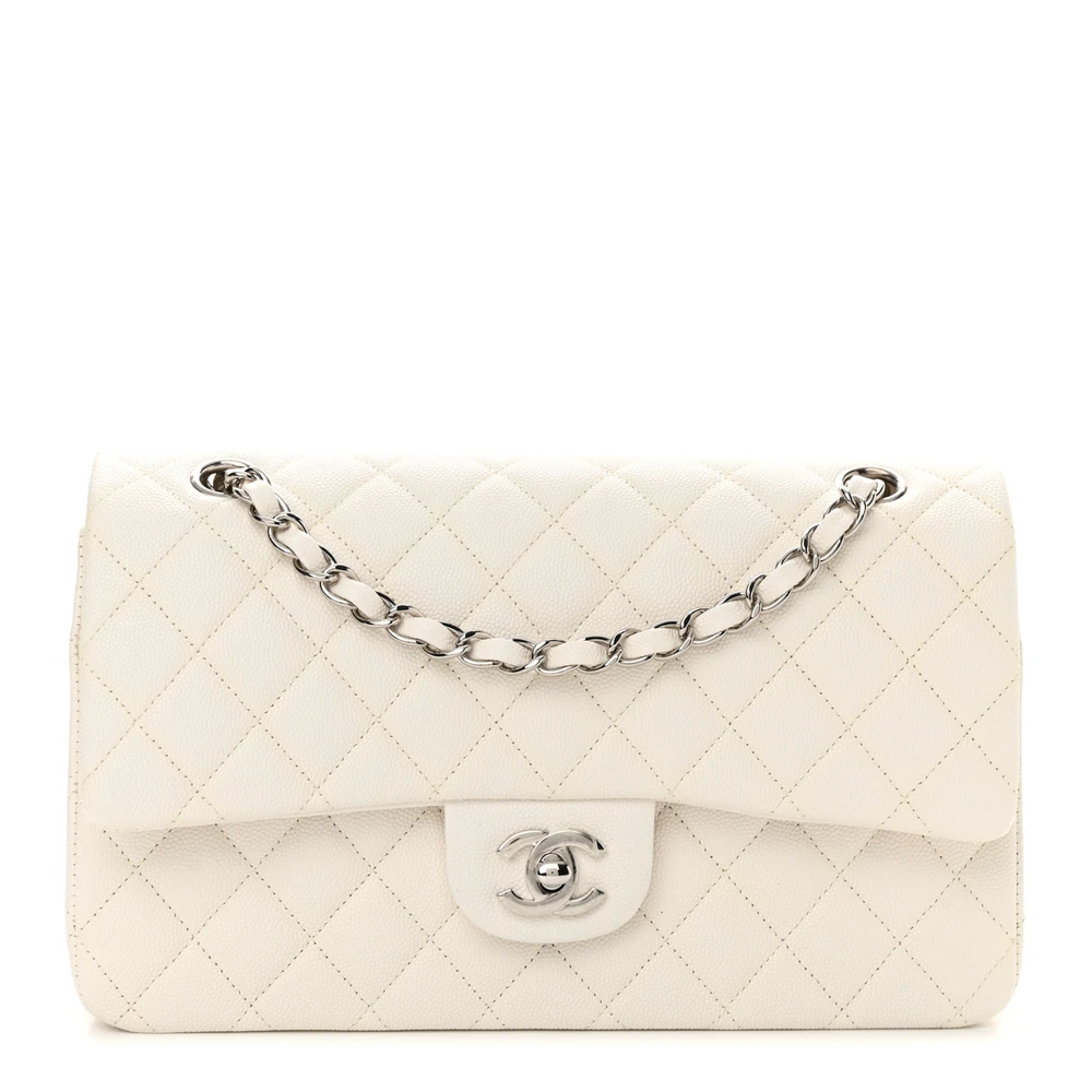 Front view of the Superfake white Ch@nel Medium Double Flap bag with quilted leather exterior