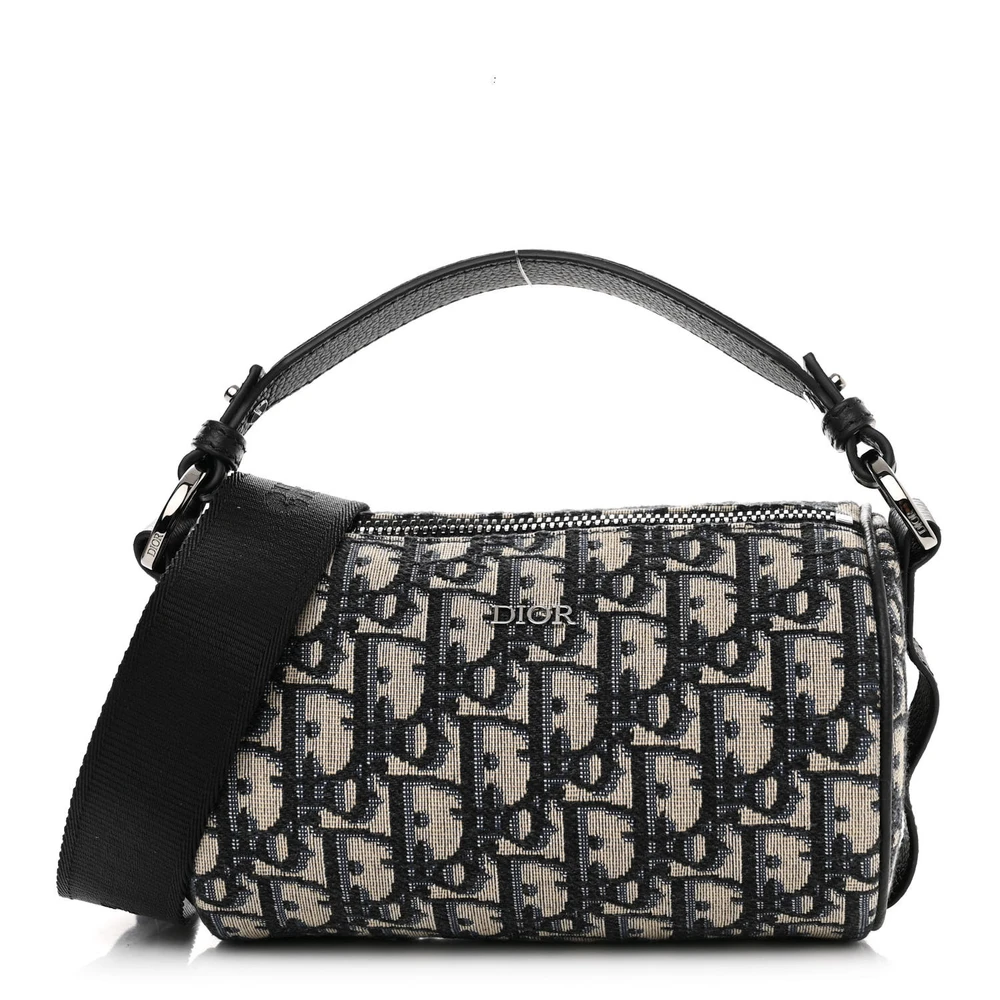 Front view of the blue D!0r Mini Roller Messenger Bag with Oblique monogram canvas