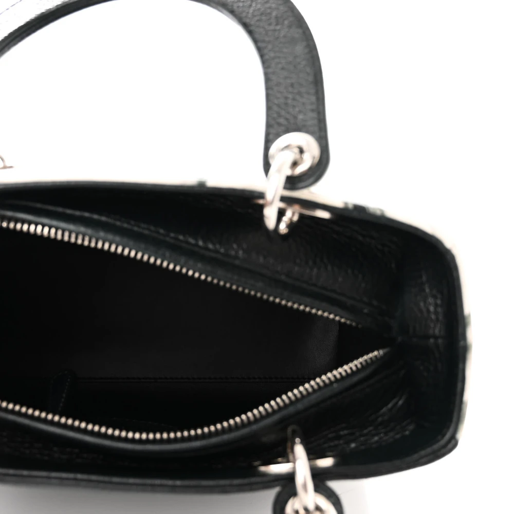 Black leather interior of the dark green Lady D!0r bag with zipper pocket