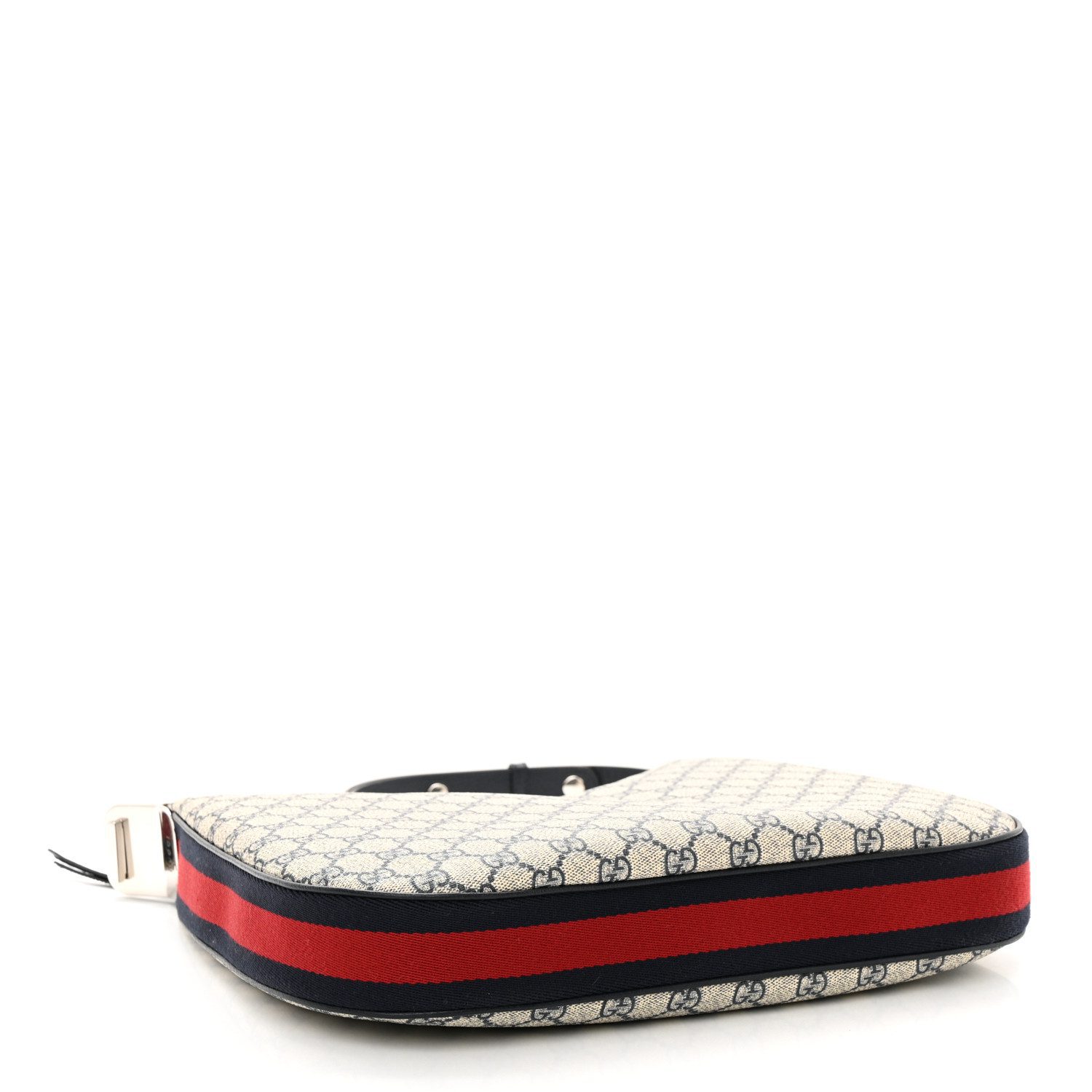 Bottom view of the Gucc! Attache Large Shoulder Bag with beige monogram canvas, blue leather detailing, and G-shaped hook closure