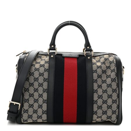 Front view of the superclone Gucc! Selleria Medium Boston Bag in beige and blue GG monogram canvas with red and navy Web striping