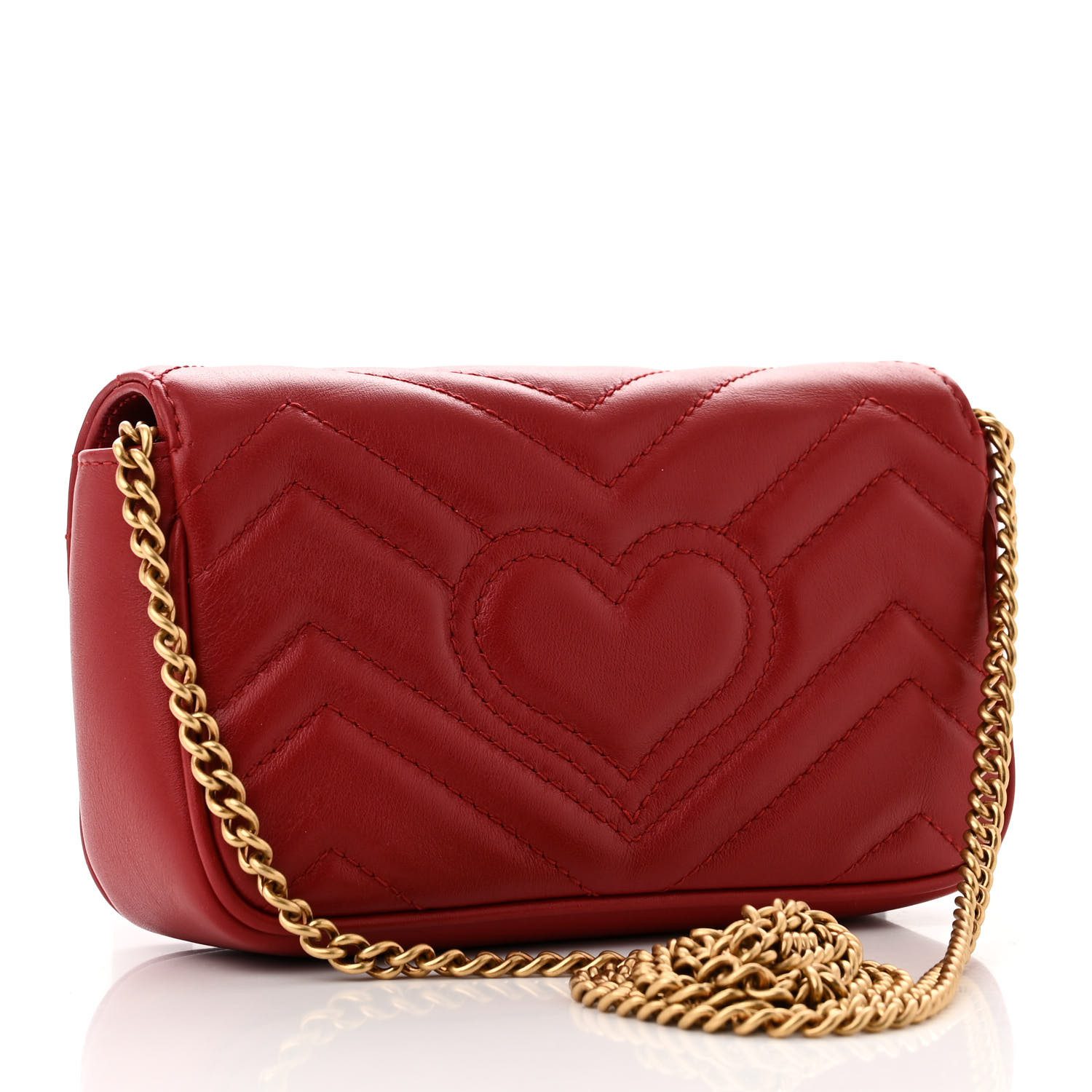 Back view of the red Gucc! Super Mini GG Marmont Shoulder Bag with interlocking GG logo and crossover flap