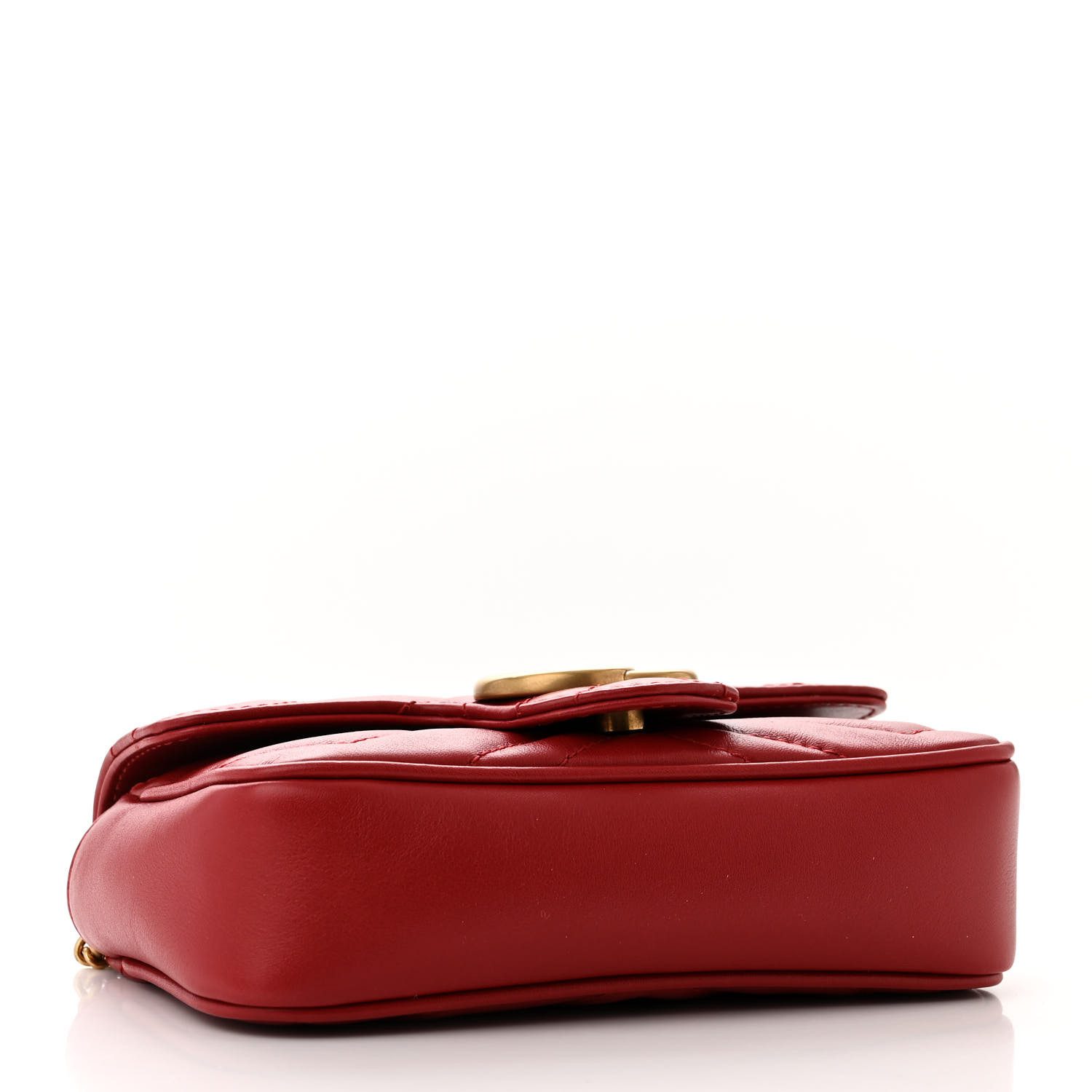 Bottom view of the red Gucc! Super Mini GG Marmont Shoulder Bag with interlocking GG logo and crossover flap