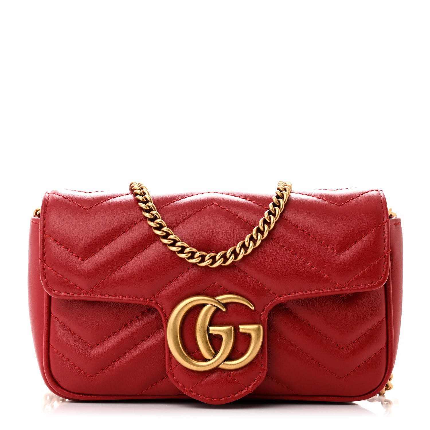Front view of the red Gucc! Super Mini GG Marmont Shoulder Bag with interlocking GG logo and crossover flap