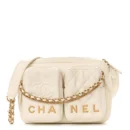 Front view of the superfake white Ch@nel Camera Case bag with front pocket and CC detail