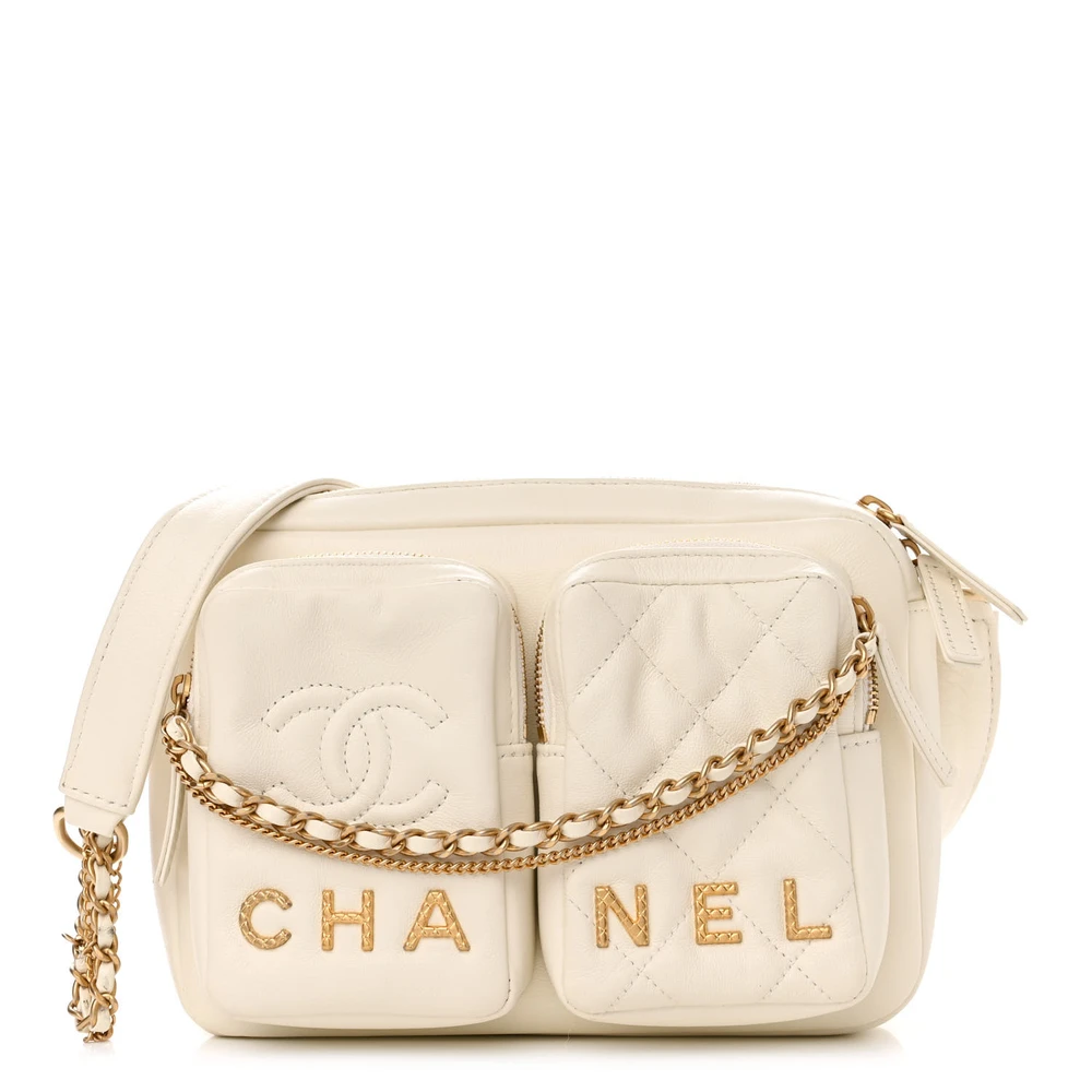 Front view of the superfake white Ch@nel Camera Case bag with front pocket and CC detail