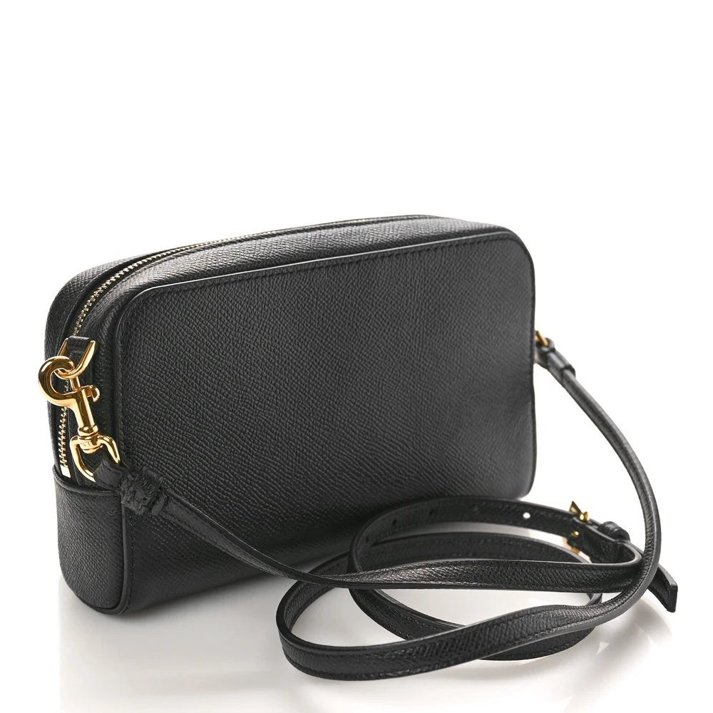 Back view of the black D!0r Caro Double Pouch with gold CD logo and leather strap