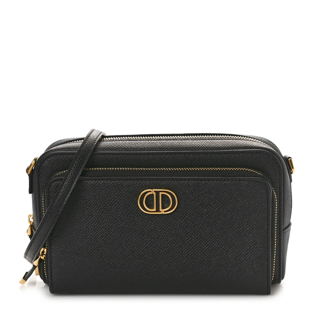 Front view of the black D!0r Caro Double Pouch with gold CD logo and leather strap
