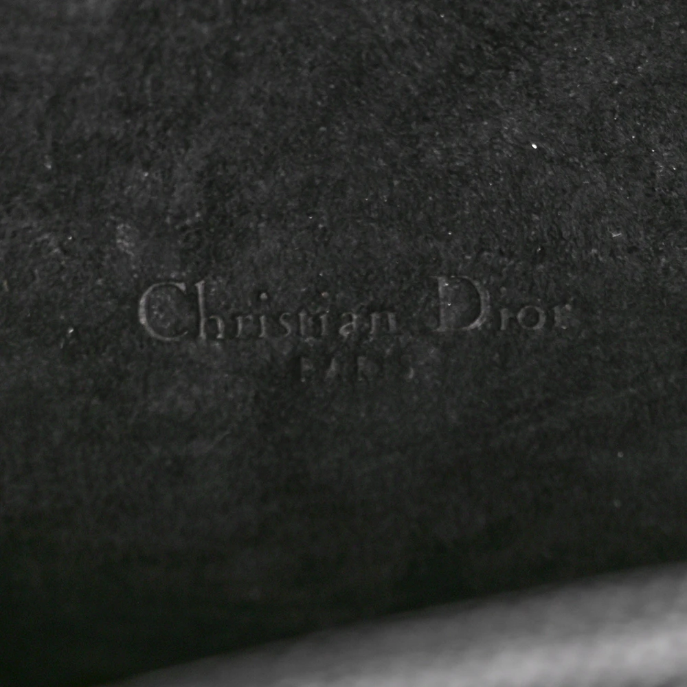 Close-up of the gold CD logo and hardware on the black D!0r Caro Double Pouch