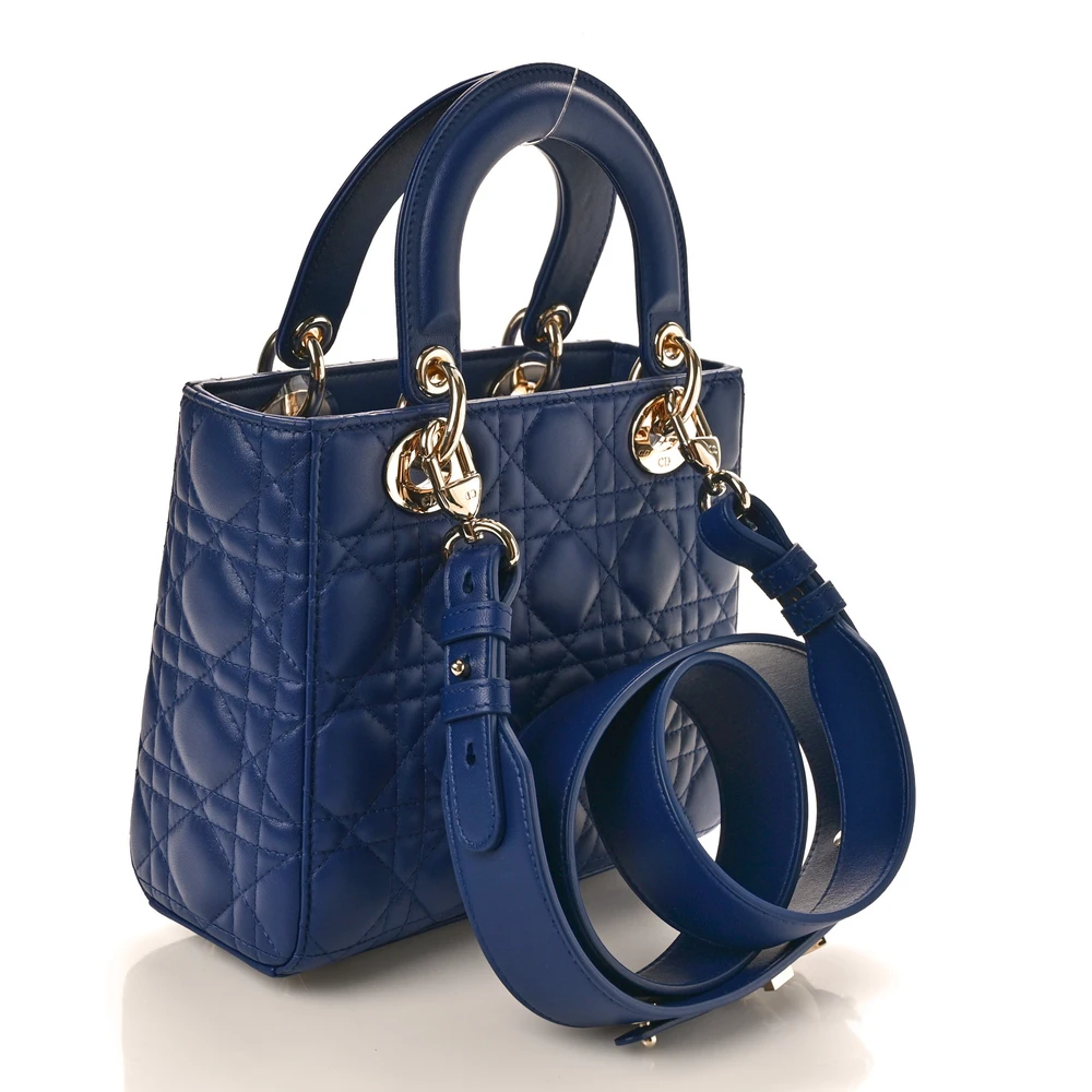 Back view of the blue royale D!0r small Lady Bag with Cannage quilting and Dior charm