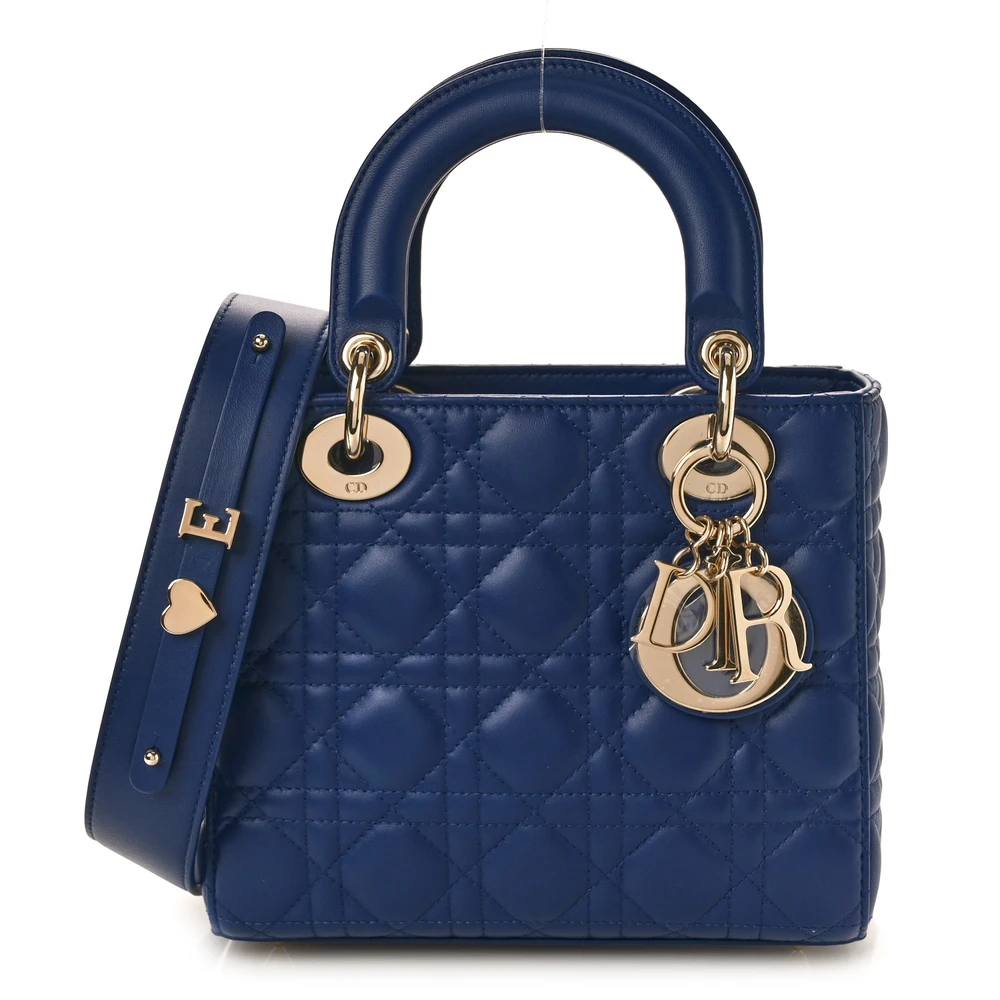 Front view of the blue royale D!0r small Lady Bag with Cannage quilting and Dior charm