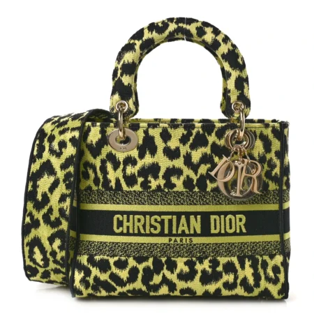 Front view of the lime D!0r Medium Lady D-Lite Bag with Mizza leopard embroidery and D!0r PARIS signature