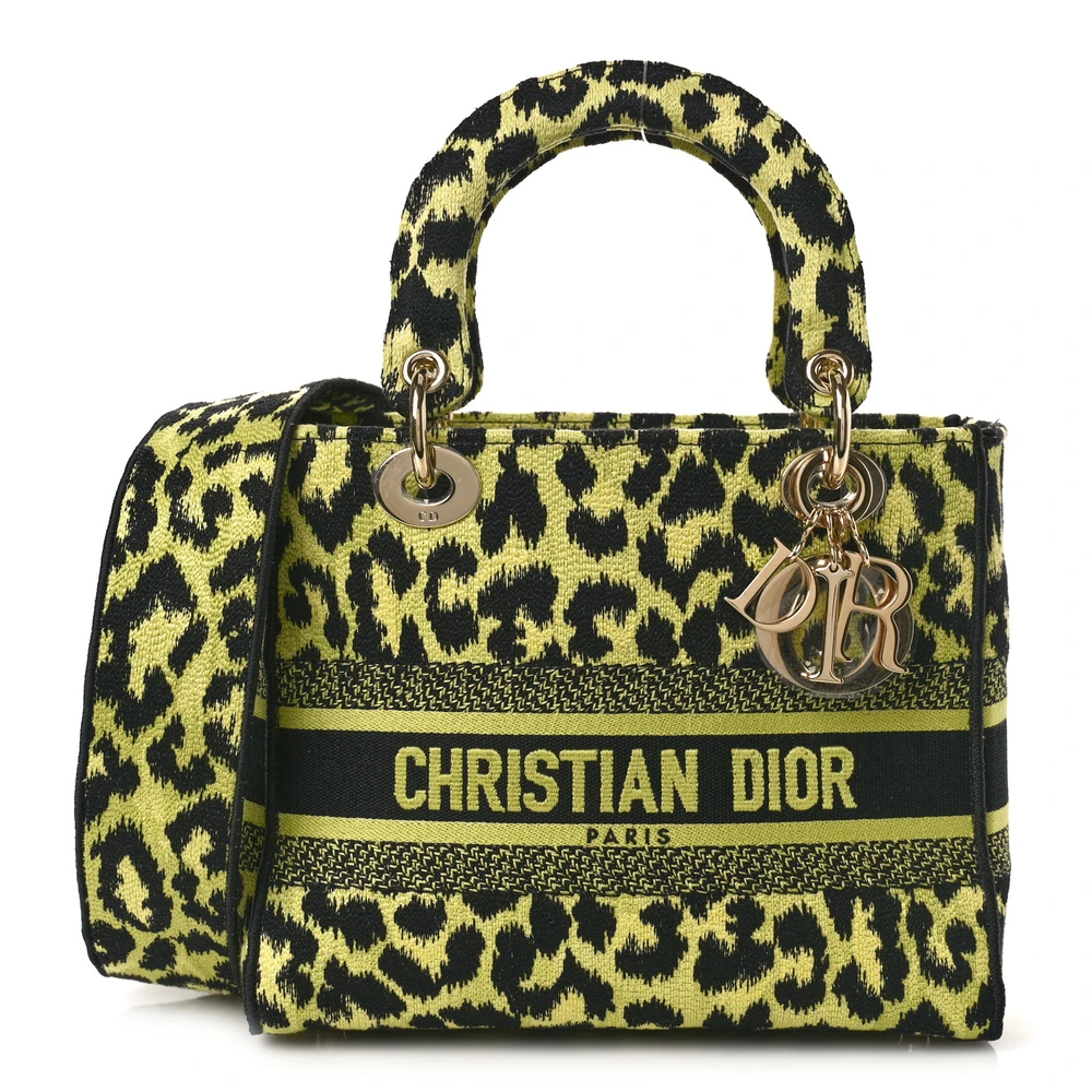 Front view of the lime D!0r Medium Lady D-Lite Bag with Mizza leopard embroidery and D!0r PARIS signature