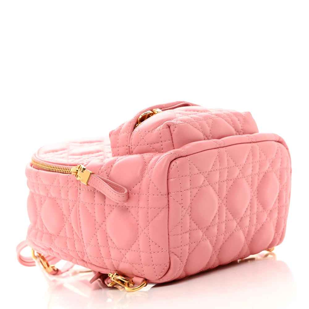 Bottom view of the blossom pink D!0r Mini Backpack with geometric Cannage quilting