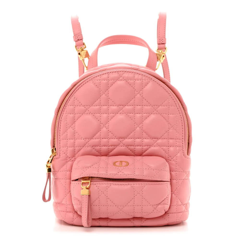 Front view of the blossom pink D!0r Mini Backpack with geometric Cannage quilting